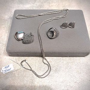 Gorgeous solid silver & Marcasite earring, heart locket & ring set. Pre owned.